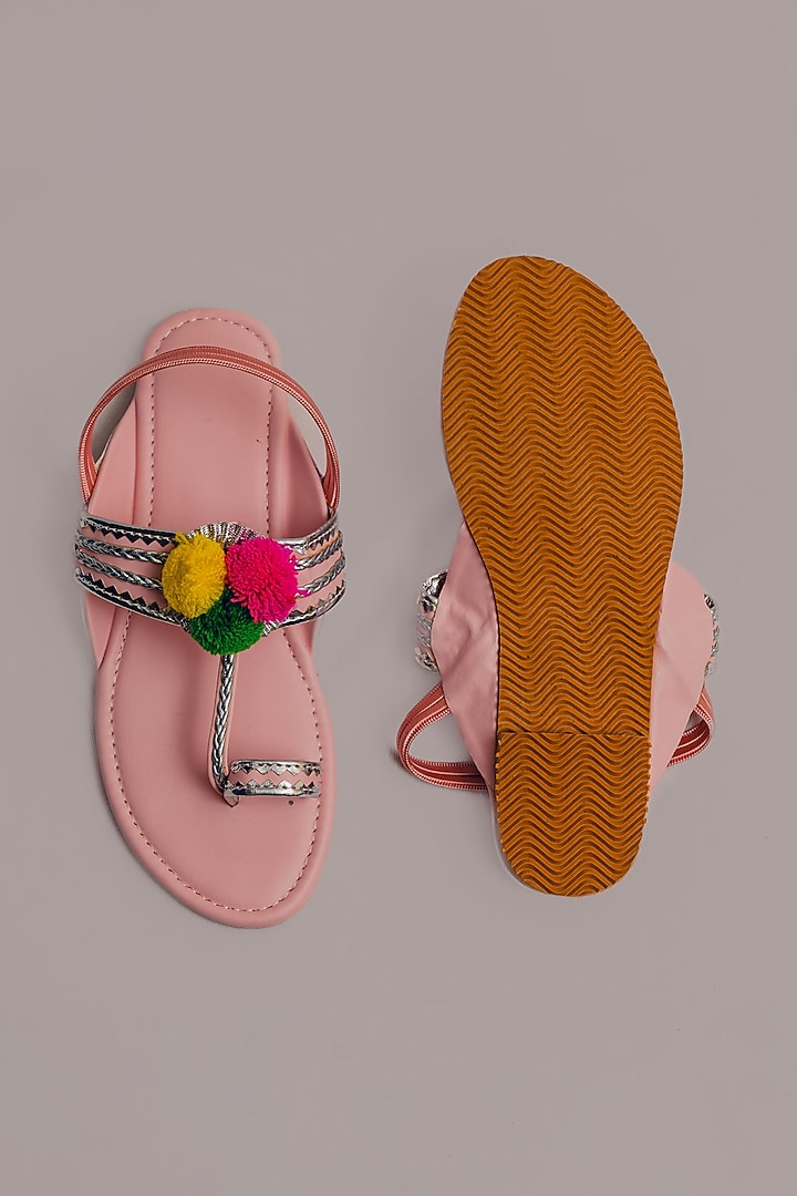 Pink Synthetic Leather Embellished Kolhapuris For Girls  by LIL PITAARA at Pernia's Pop Up Shop