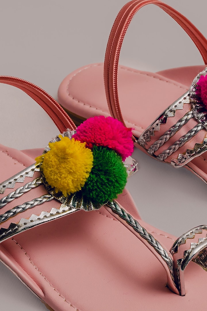 Pink Synthetic Leather Embellished Kolhapuris For Girls  by LIL PITAARA at Pernia's Pop Up Shop