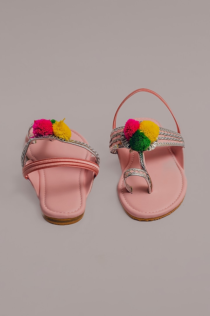 Pink Synthetic Leather Embellished Kolhapuris For Girls  by LIL PITAARA at Pernia's Pop Up Shop