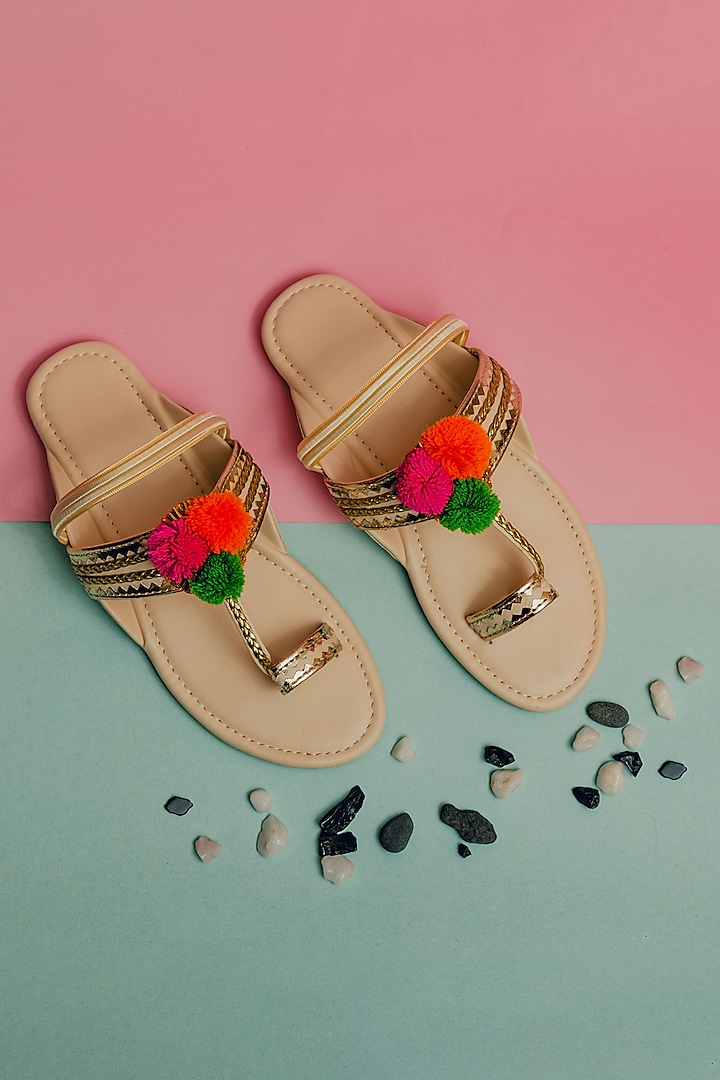 Beige Synthetic Leather Embellished Kolhapuris For Girls  by LIL PITAARA