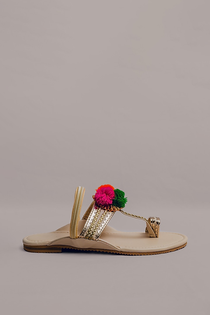 Beige Synthetic Leather Embellished Kolhapuris For Girls  by LIL PITAARA at Pernia's Pop Up Shop