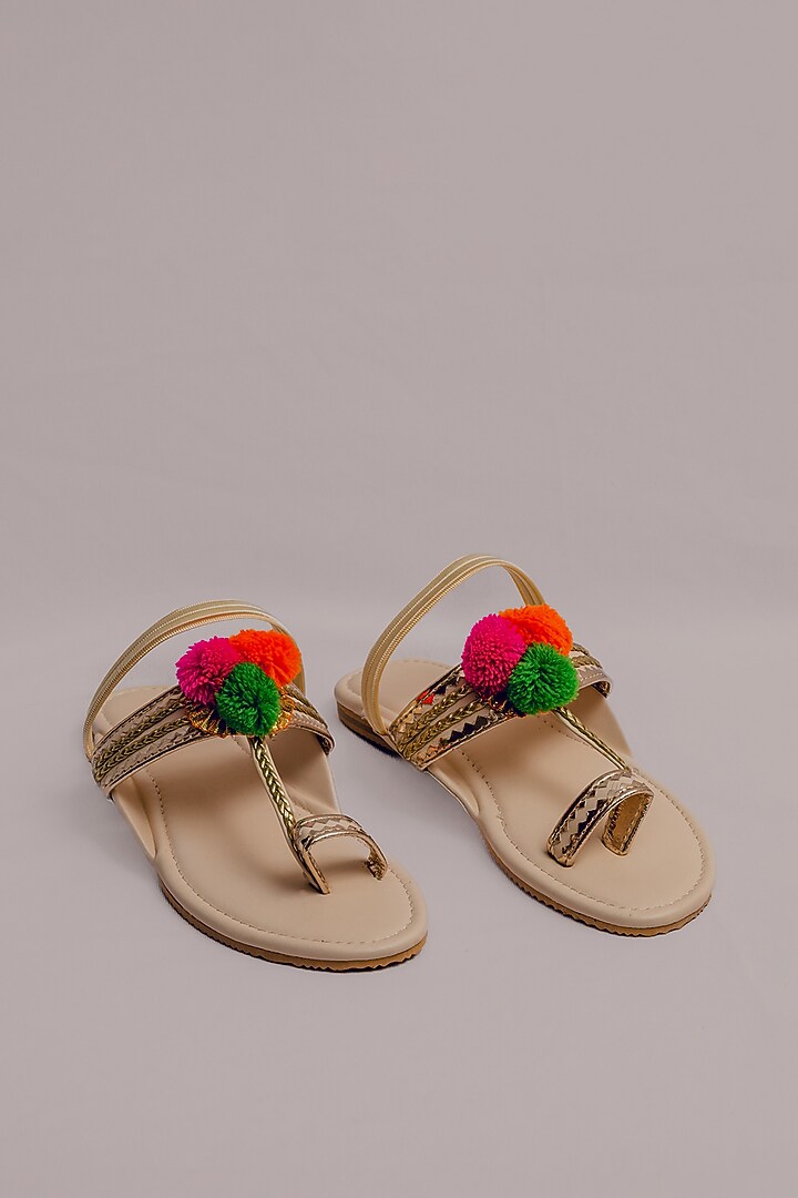 Beige Synthetic Leather Embellished Kolhapuris For Girls  by LIL PITAARA at Pernia's Pop Up Shop