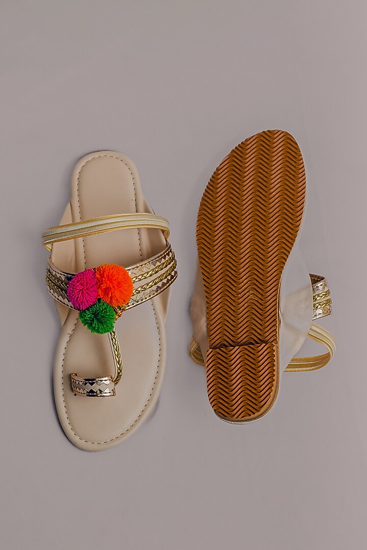Beige Synthetic Leather Embellished Kolhapuris For Girls  by LIL PITAARA at Pernia's Pop Up Shop