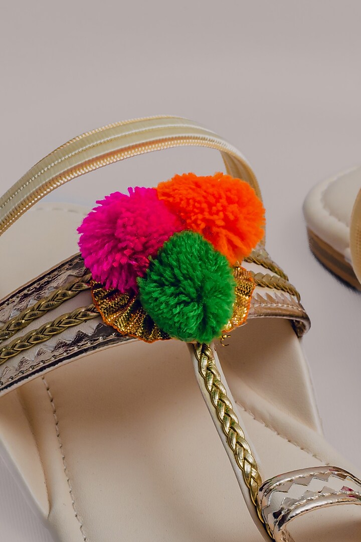 Beige Synthetic Leather Embellished Kolhapuris For Girls  by LIL PITAARA at Pernia's Pop Up Shop