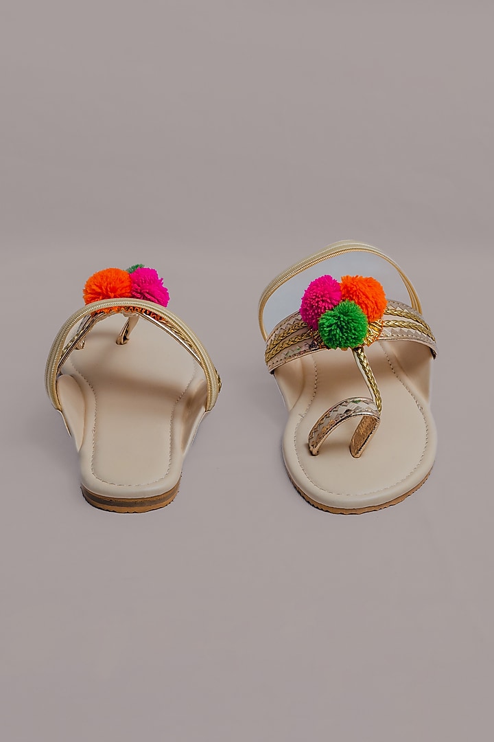 Beige Synthetic Leather Embellished Kolhapuris For Girls  by LIL PITAARA at Pernia's Pop Up Shop