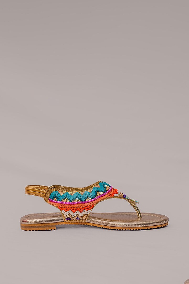 Gold Synthetic Leather Embellished Sandals For Girls by LIL PITAARA at Pernia's Pop Up Shop