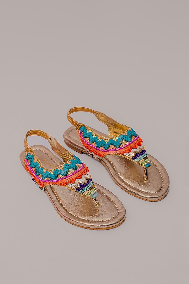 Gold Synthetic Leather Embellished Sandals For Girls by LIL PITAARA at Pernia's Pop Up Shop