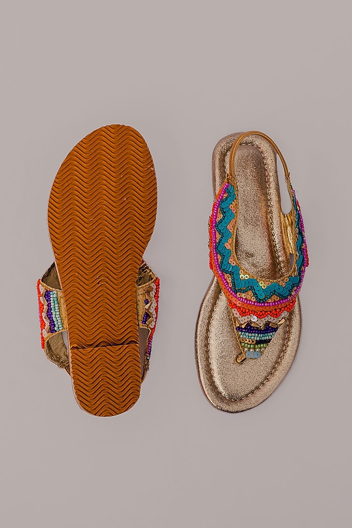 Gold Synthetic Leather Embellished Sandals For Girls by LIL PITAARA at Pernia's Pop Up Shop
