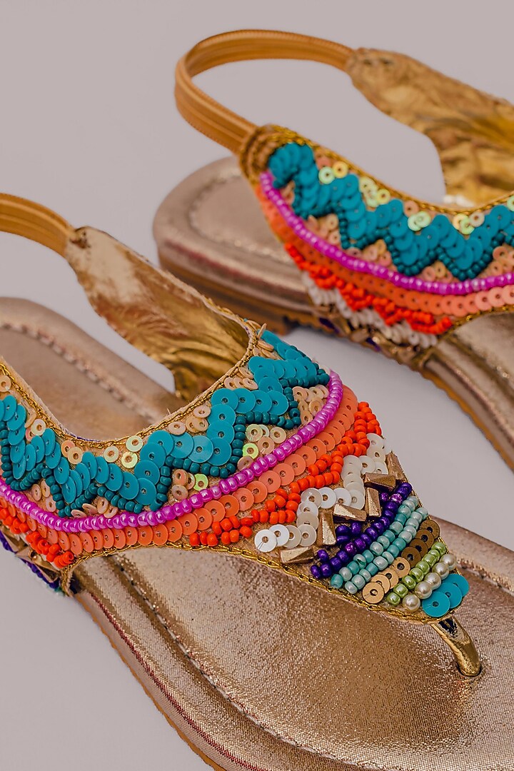Gold Synthetic Leather Embellished Sandals For Girls by LIL PITAARA at Pernia's Pop Up Shop