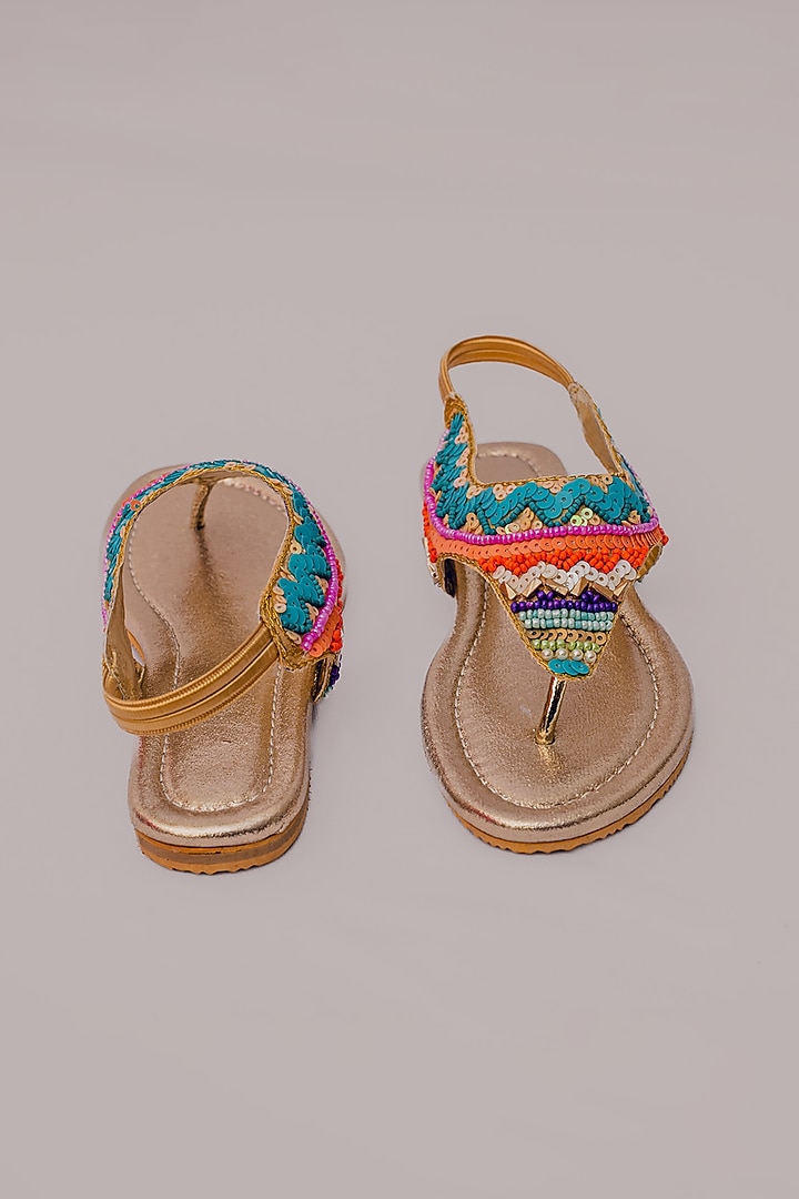 Gold Synthetic Leather Embellished Sandals For Girls by LIL PITAARA at Pernia's Pop Up Shop