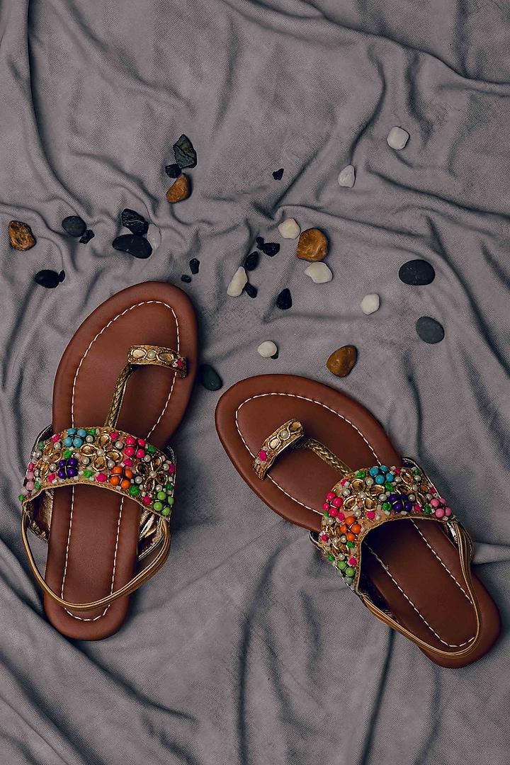 Tan Synthetic Leather Embellished Kolhapuris For Girls  by LIL PITAARA