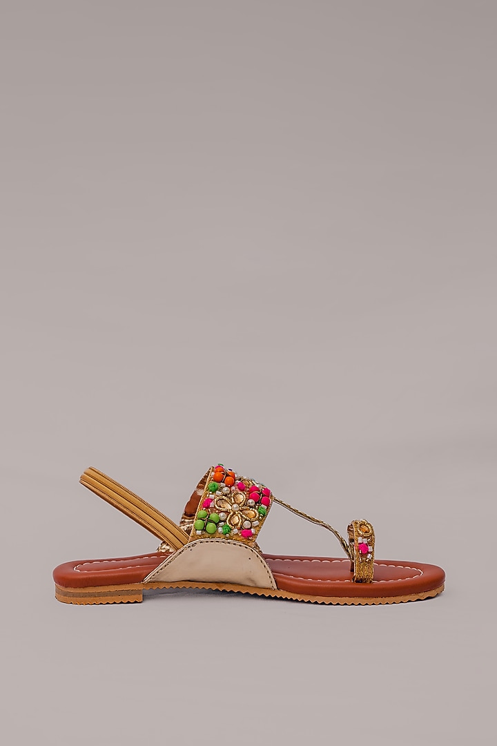 Tan Synthetic Leather Embellished Kolhapuris For Girls by LIL PITAARA at Pernia's Pop Up Shop