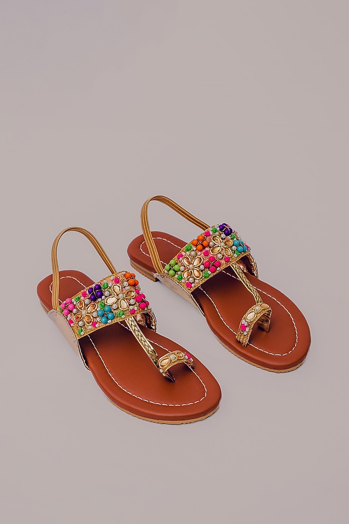 Tan Synthetic Leather Embellished Kolhapuris For Girls by LIL PITAARA at Pernia's Pop Up Shop