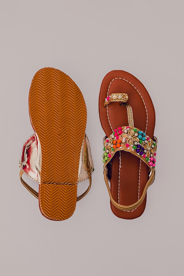 Tan Synthetic Leather Embellished Kolhapuris For Girls by LIL PITAARA at Pernia's Pop Up Shop