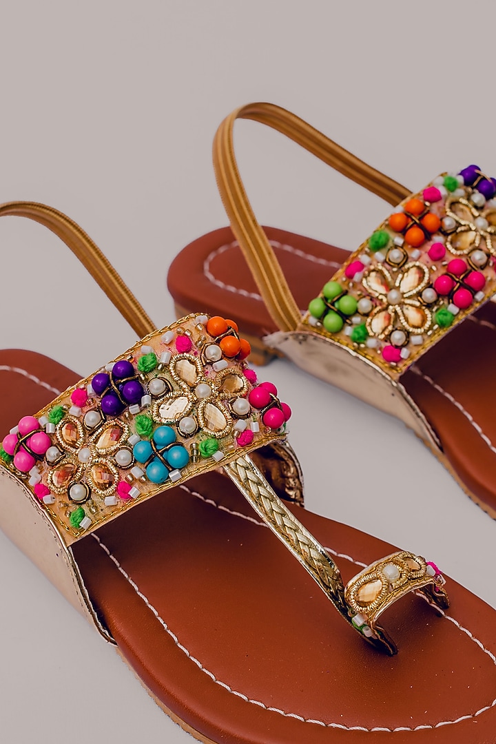 Tan Synthetic Leather Embellished Kolhapuris For Girls by LIL PITAARA at Pernia's Pop Up Shop