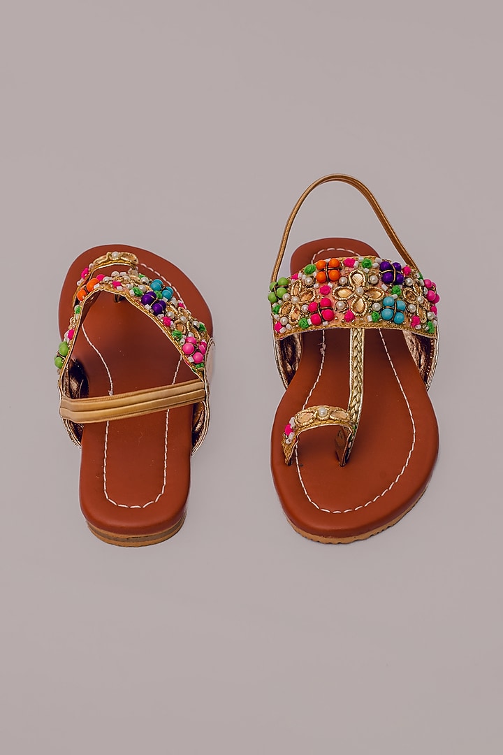 Tan Synthetic Leather Embellished Kolhapuris For Girls by LIL PITAARA at Pernia's Pop Up Shop