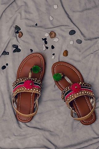 Tan Synthetic Leather Embellished Kolhapuris For Girls  by LIL PITAARA