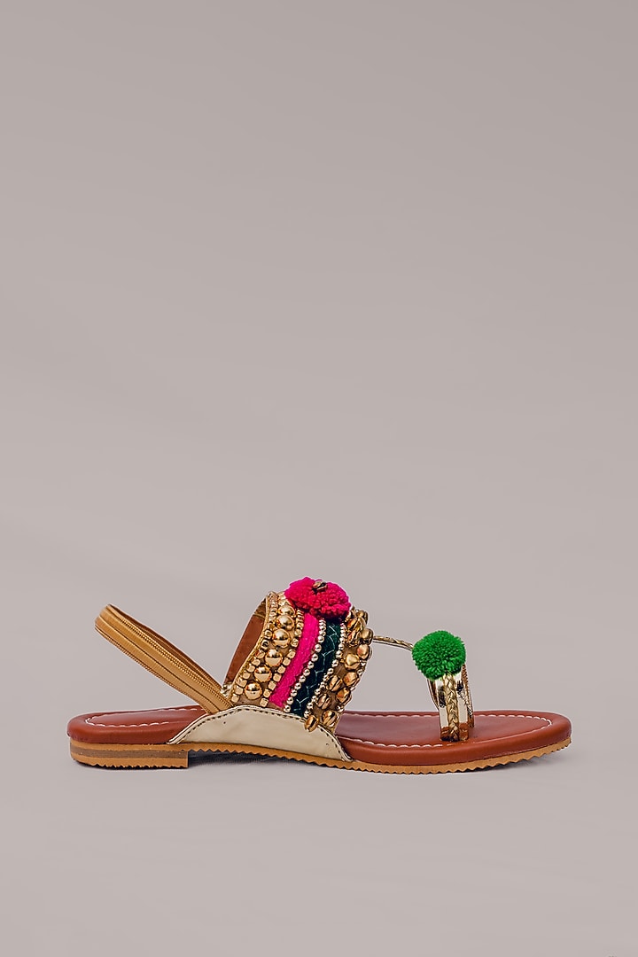 Tan Synthetic Leather Embellished Kolhapuris For Girls by LIL PITAARA at Pernia's Pop Up Shop