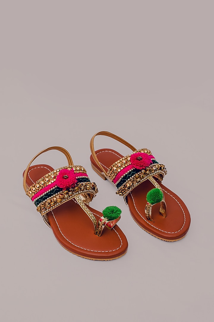 Tan Synthetic Leather Embellished Kolhapuris For Girls by LIL PITAARA at Pernia's Pop Up Shop