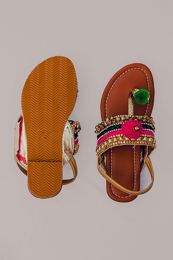 Tan Synthetic Leather Embellished Kolhapuris For Girls by LIL PITAARA at Pernia's Pop Up Shop