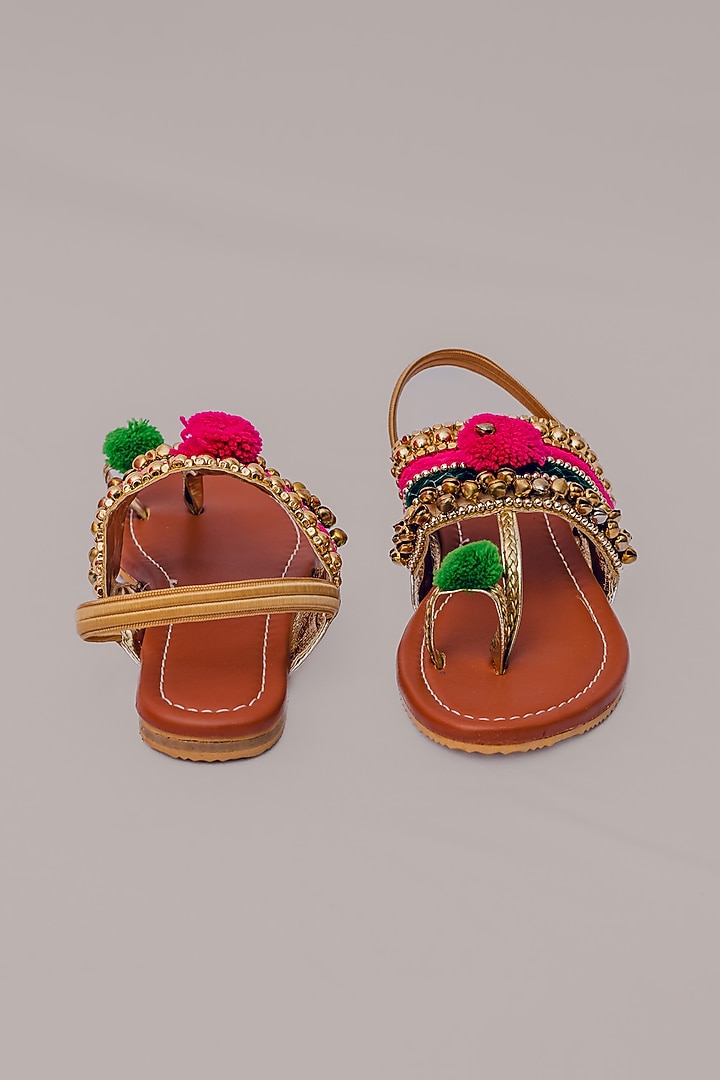 Tan Synthetic Leather Embellished Kolhapuris For Girls by LIL PITAARA at Pernia's Pop Up Shop