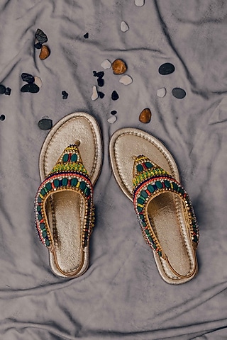Gold Synthetic Leather Embellished Sandals For Girls by LIL PITAARA