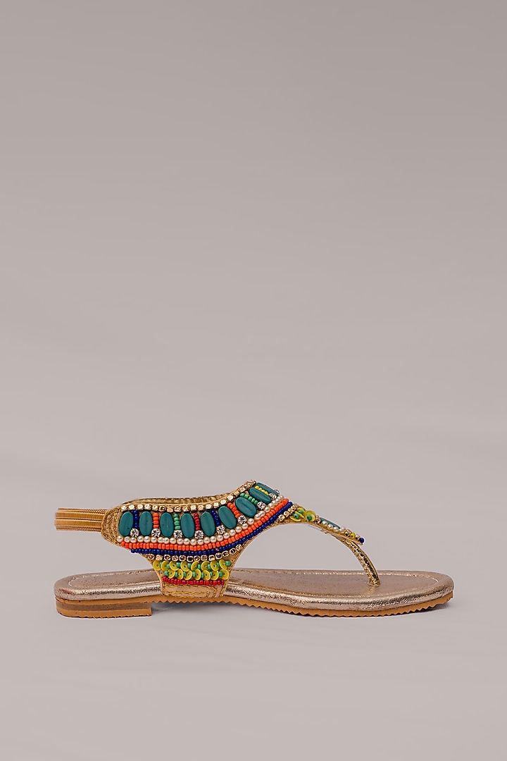 Gold Synthetic Leather Embellished Sandals For Girls by LIL PITAARA at Pernia's Pop Up Shop