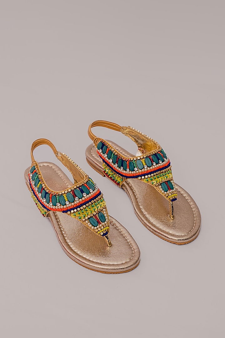 Gold Synthetic Leather Embellished Sandals For Girls by LIL PITAARA at Pernia's Pop Up Shop