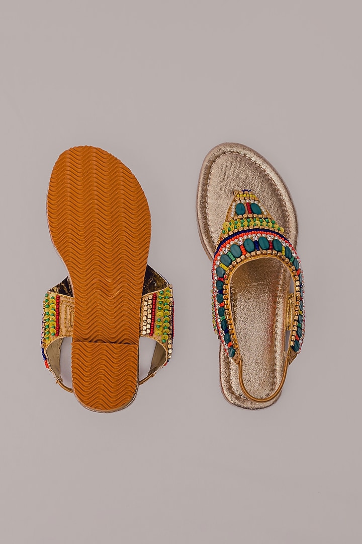 Gold Synthetic Leather Embellished Sandals For Girls by LIL PITAARA at Pernia's Pop Up Shop