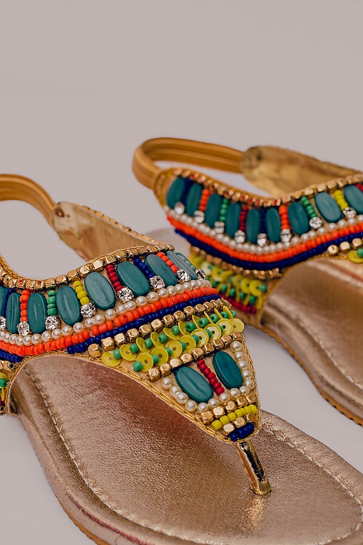 Gold Synthetic Leather Embellished Sandals For Girls by LIL PITAARA at Pernia's Pop Up Shop