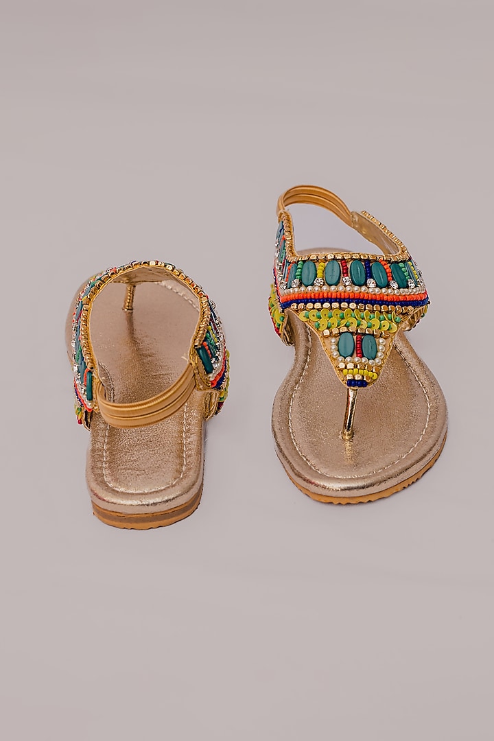 Gold Synthetic Leather Embellished Sandals For Girls by LIL PITAARA at Pernia's Pop Up Shop