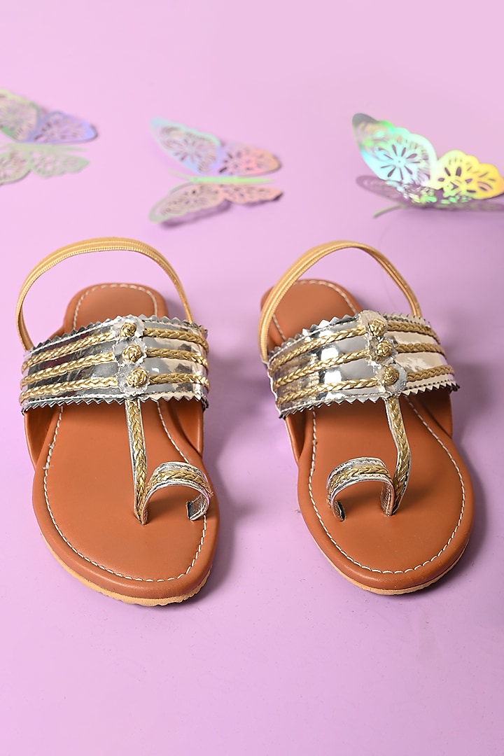 Tan Synthetic Leather Embellished Kolhapuris For Girls  by LIL PITAARA at Pernia's Pop Up Shop