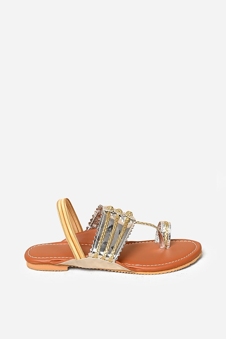 Tan Synthetic Leather Embellished Kolhapuris For Girls  by LIL PITAARA at Pernia's Pop Up Shop