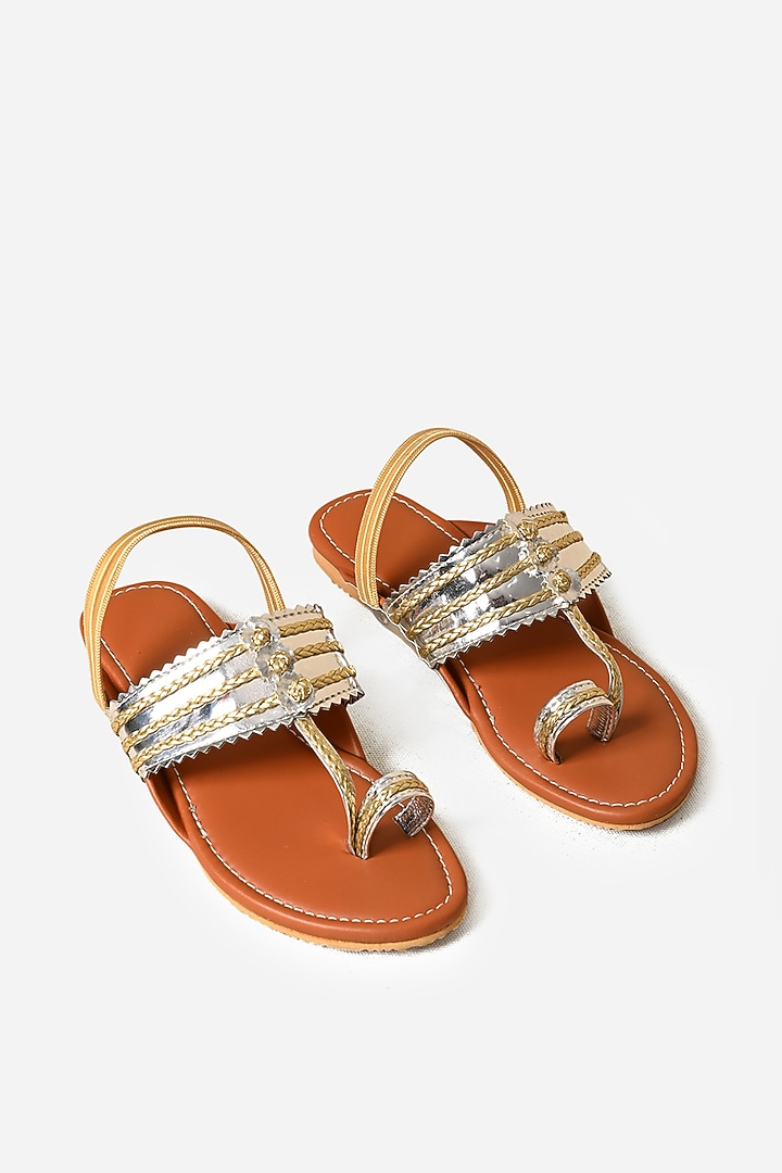 Tan Synthetic Leather Embellished Kolhapuris For Girls  by LIL PITAARA at Pernia's Pop Up Shop