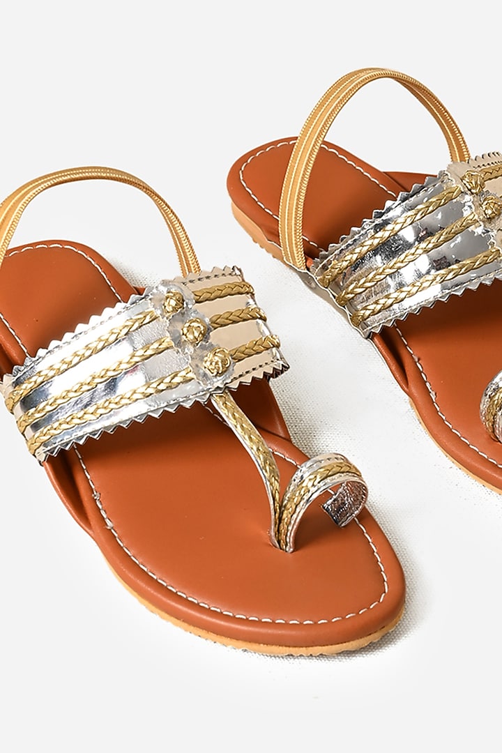 Tan Synthetic Leather Embellished Kolhapuris For Girls  by LIL PITAARA at Pernia's Pop Up Shop