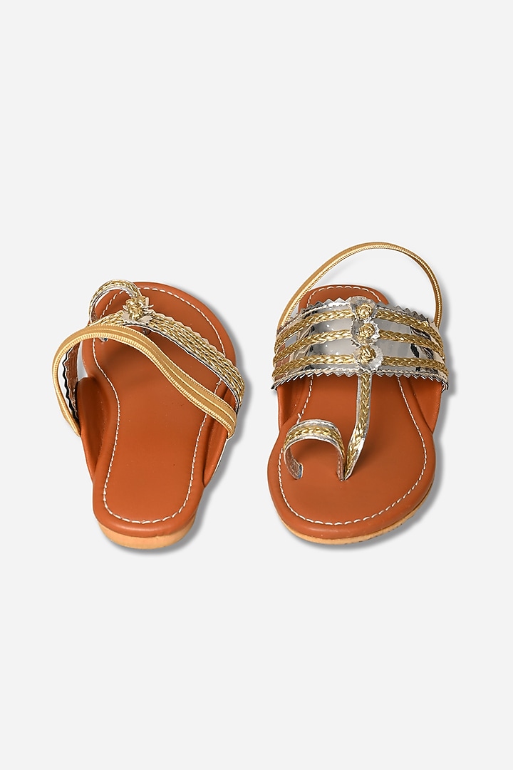 Tan Synthetic Leather Embellished Kolhapuris For Girls  by LIL PITAARA at Pernia's Pop Up Shop