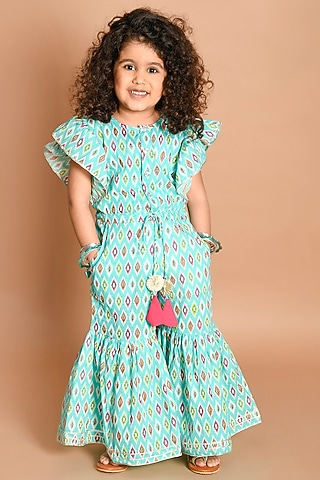 Blue Printed Jumpsuit For Girls by LIL PITAARA