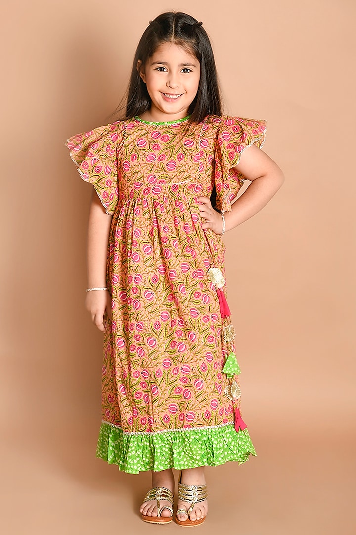 Peach Jaipuri Printed Gown For Girls by LIL PITAARA