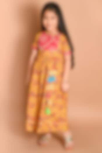 Yellow Jaipuri Printed Gown For Girls by LIL PITAARA