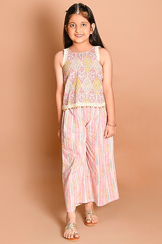 Pink Pure Cotton Pant Set For Girls by LIL PITAARA