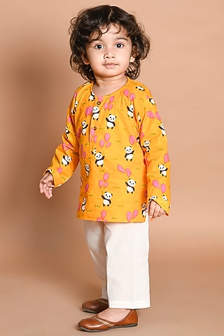 Orange Pure Cotton Printed Kurta Set by LIL PITAARA