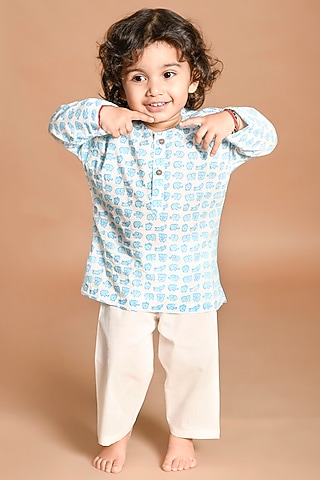 Blue Car Printed Kurta Set by LIL PITAARA