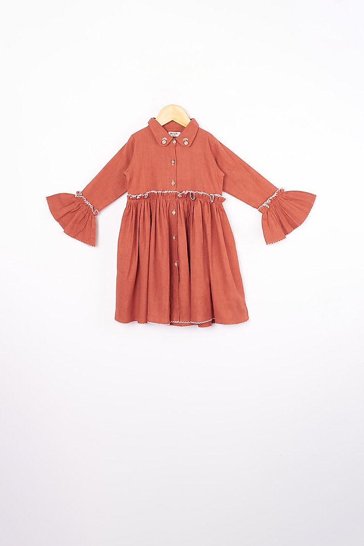 Red Cotton Gathered Dress For Girls by Lill Rootss