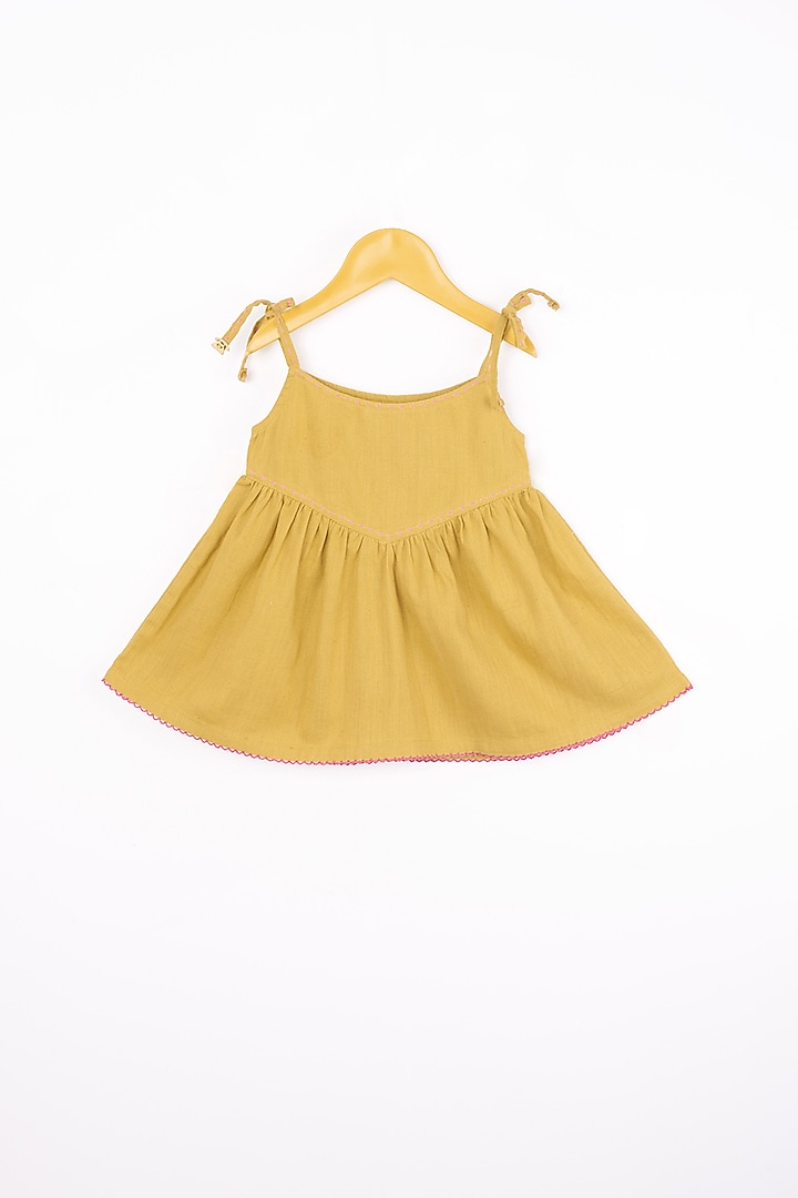 Yellow Hand Embroidered Flared Dress For Girls by Lill Rootss