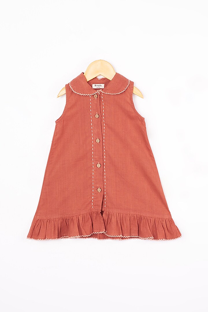 Red Cotton Gathered Shirt Dress For Girls by Lill Rootss