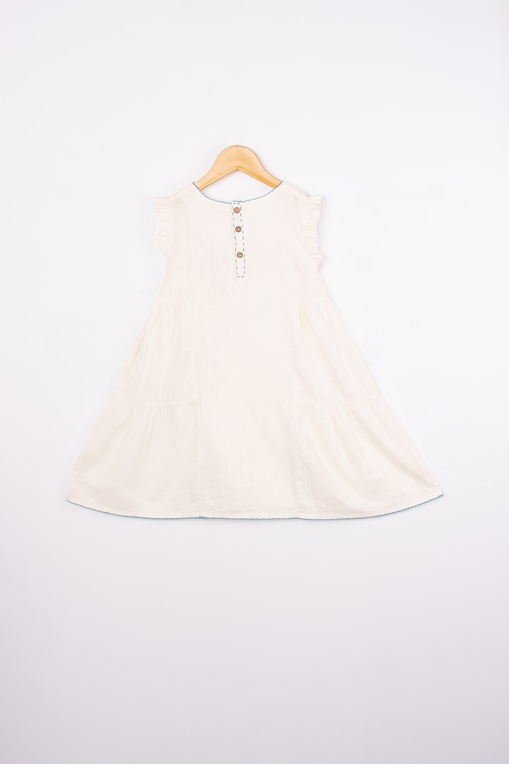 White Embroidered Gathered Dress For Girls by Lill Rootss