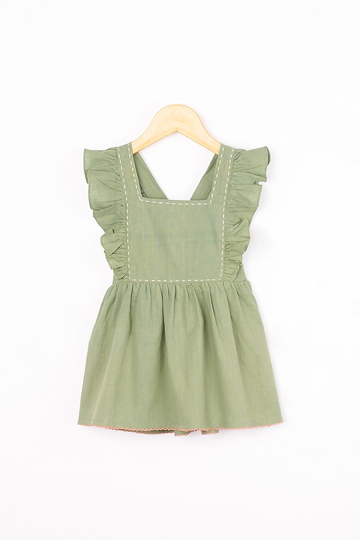 Green Cotton Flared Dress For Girls by Lill Rootss
