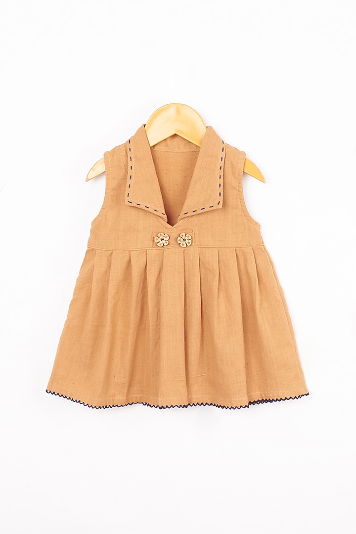 Orange Handwoven Cotton Pleated Dress For Girls by Lill Rootss