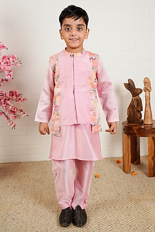 Baby Pink Pure Chanderi & Georgette Nehru Jacket Set For Boys by Little Maisyy