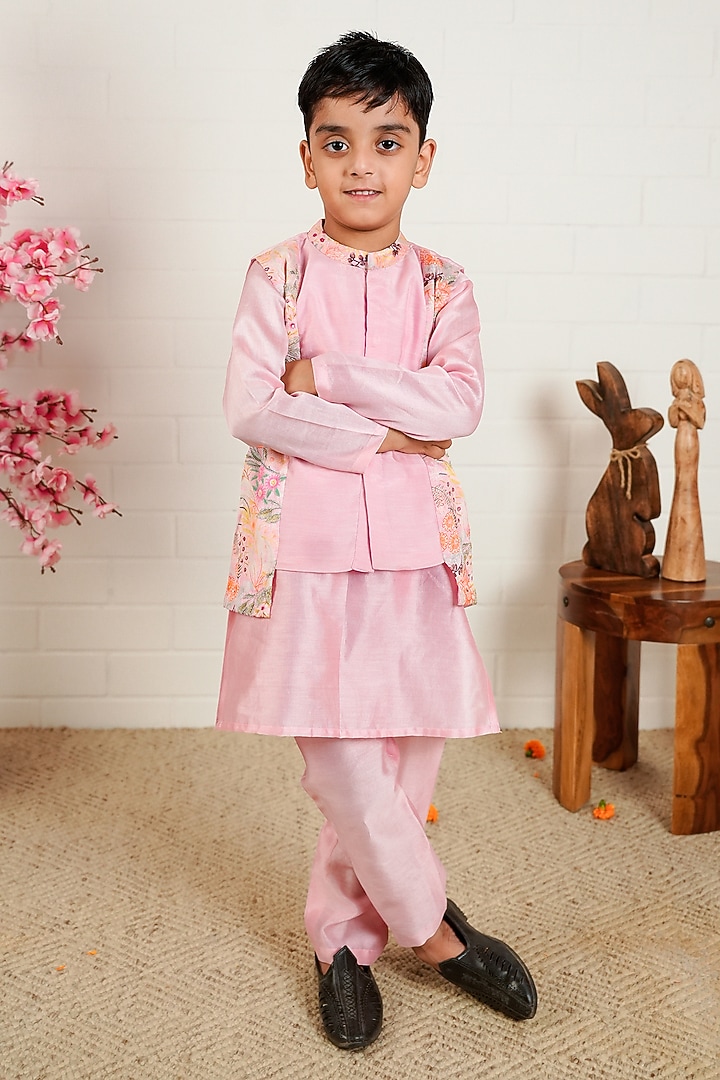 Baby Pink Pure Chanderi & Georgette Nehru Jacket Set For Boys by Little Maisyy at Pernia's Pop Up Shop